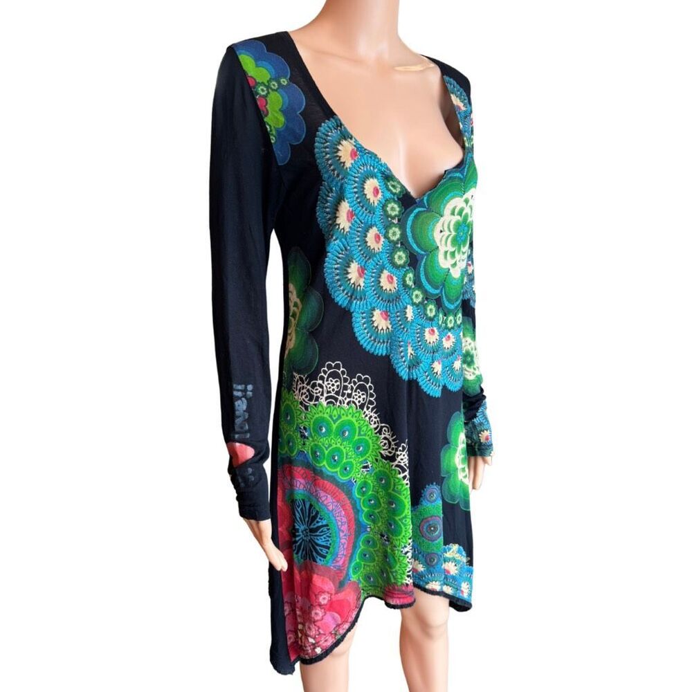 Desigual Mandala Floral Print Asymmetrical Dress Boho Large Art to Wear Dopamine - Picture 5 of 6